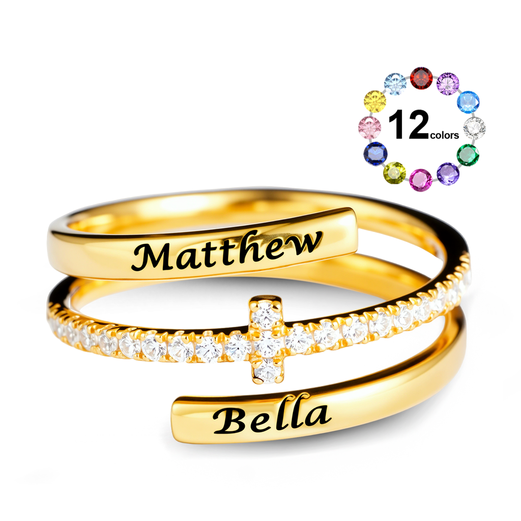 Gnoce Engraving Names Cross Ring Personalized Birthstone Gold Jewelry_1