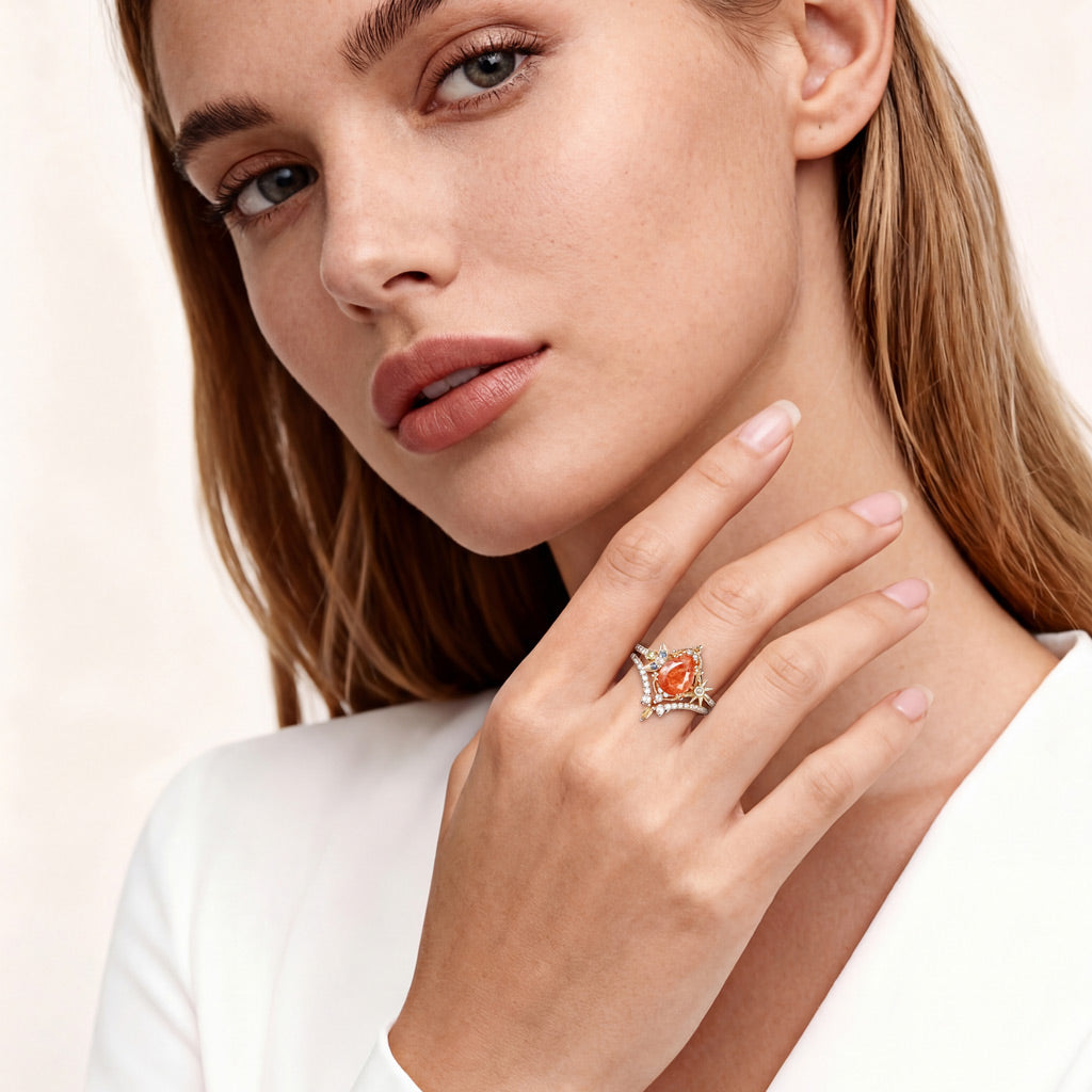 Gnoce Vintage Pear-Cut Sun Moon Engagement Ring Set_3