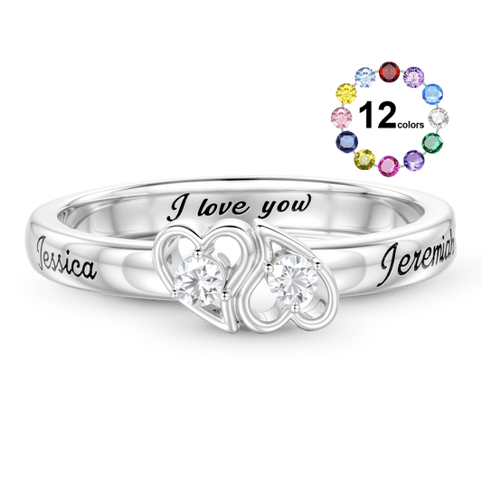 Gnoce Personalized Two Hearts Birthstone Ring - Custom Name & Love Message Band_1
