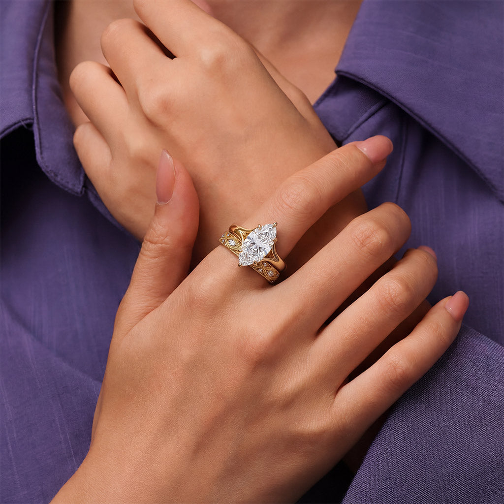 Gnoce Geometric Engraved Marquise-Cut Engagement Ring Set_3