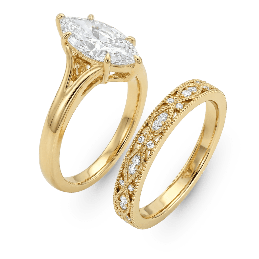 Gnoce Geometric Engraved Marquise-Cut Engagement Ring Set_5