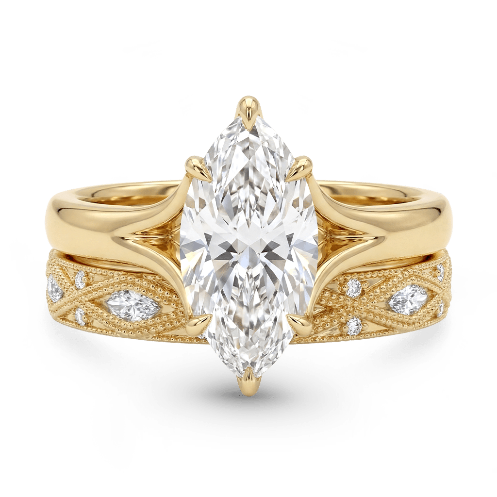 Gnoce Geometric Engraved Marquise-Cut Engagement Ring Set_1