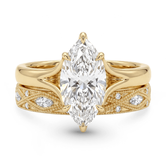Gnoce Geometric Engraved Marquise-Cut Engagement Ring Set_1