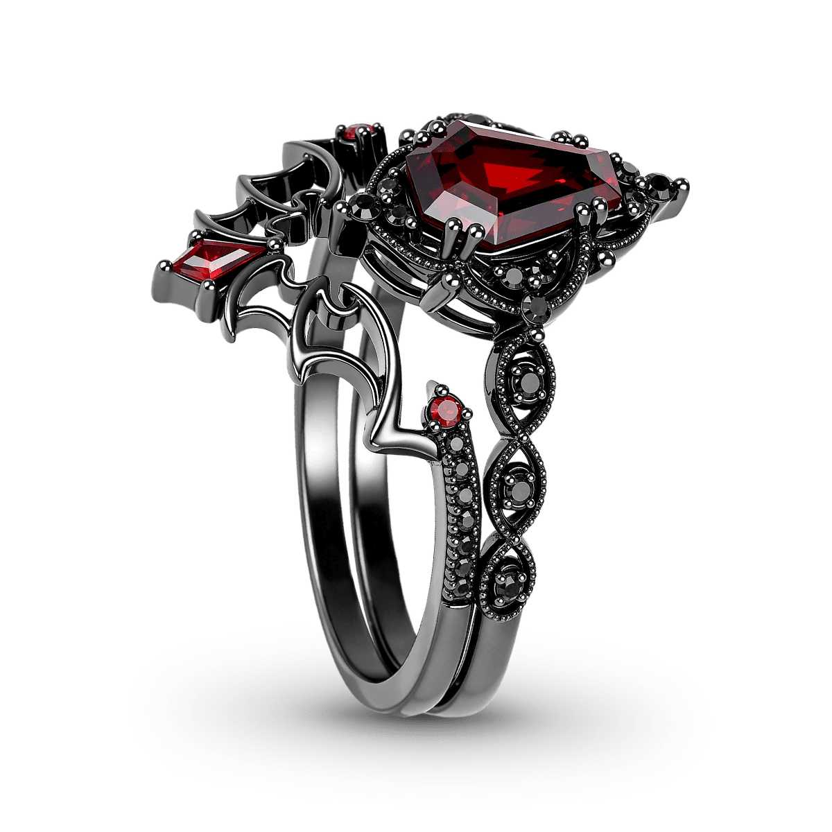 Gnoce Gothic Bat Coffin-Cut Engagement Ring Set_4