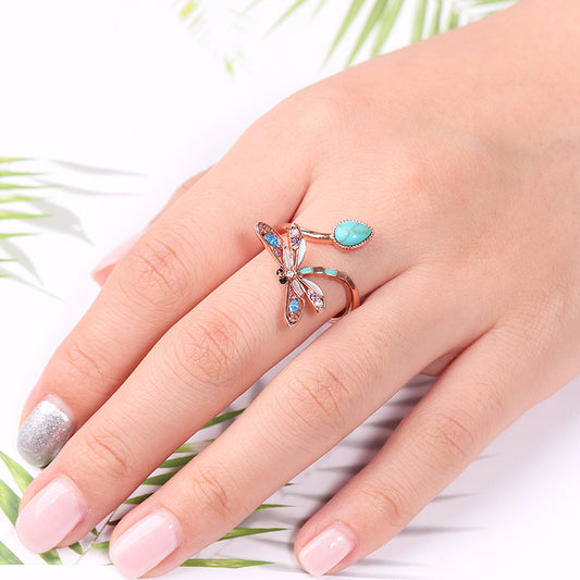 Turquoise Dragonfly Adjustable Ring Rose Gold Plated_3