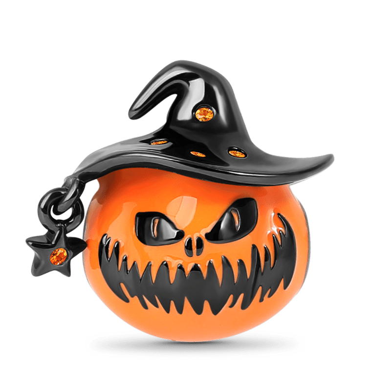 Pumpkin Wearing a Wizard Hat Charm Black Bead Jewelry Sterling Silver_1