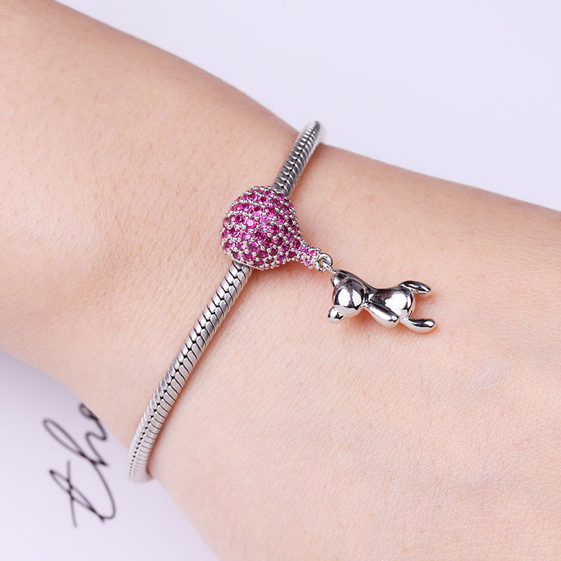 Gnoce "Bear with Balloon" Charm Pendant with Rose Red Czs fits for Bracelet or Necklace_3