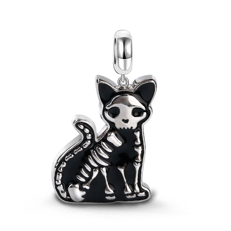 Gnoce "Schrodinger's Cat" Double Sided Cat Skeleton Bones Charm Pendant Sterling Silver two-tone_3