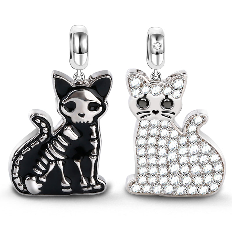 Gnoce "Schrodinger's Cat" Double Sided Cat Skeleton Bones Charm Pendant Sterling Silver two-tone_1