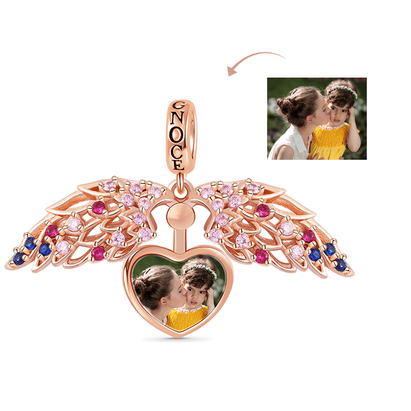 Heart and Wings Personalized Photo Pendant Dangle Charm Sterling Silver 18k Rose Gold Plated with Stones_1