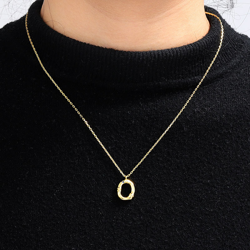 Letter O Pendant Bamboo Initial Necklace Adjustable Chain Length 18k Gold Plated 925 Sterling Silver_4
