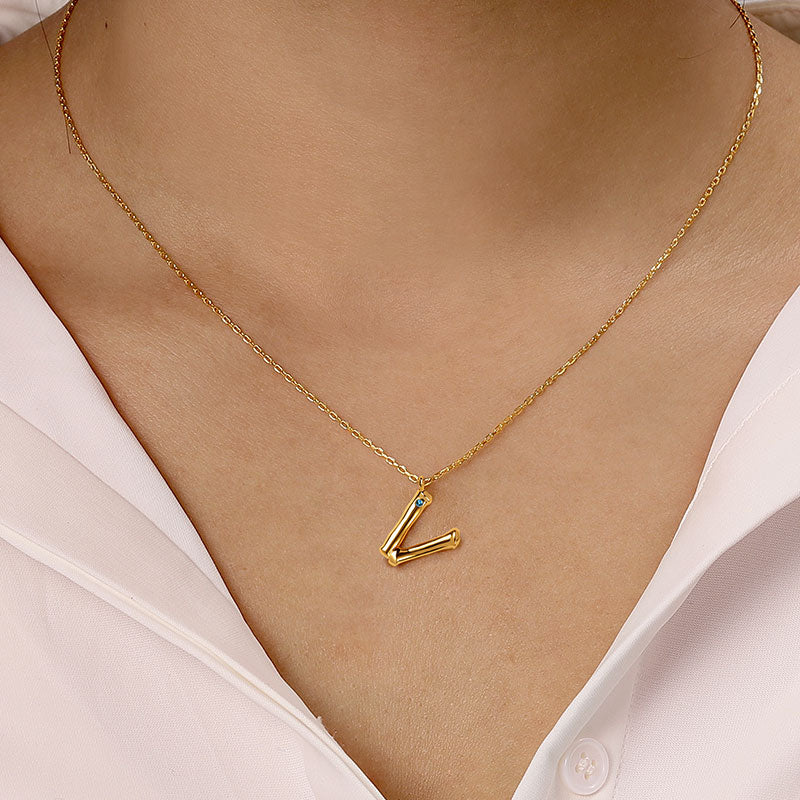 Letter V Pendant Bamboo Initial Necklace Adjustable Chain Length 18k Gold Plated 925 Sterling Silver_4