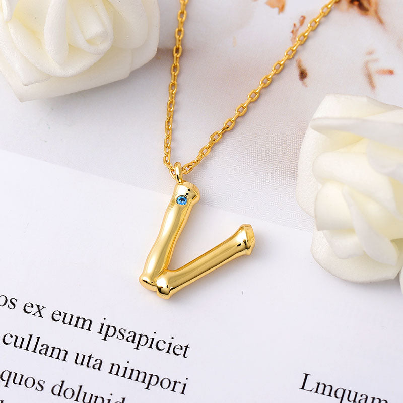 Letter V Pendant Bamboo Initial Necklace Adjustable Chain Length 18k Gold Plated 925 Sterling Silver_3