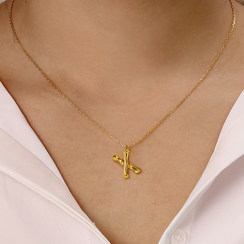 Letter X Pendant Bamboo Initial Necklace Adjustable Chain Length 18k Gold Plated 925 Sterling Silver_4