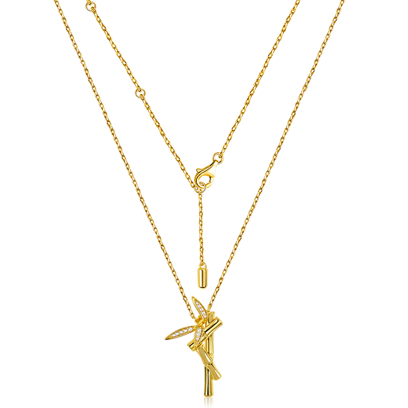 Bamboo Necklace Sterling Silver 18k Gold Plated with Stones_2