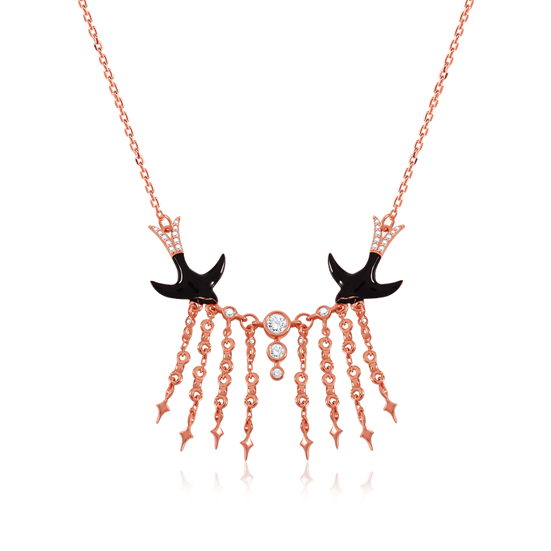 Swallows in the Starry Sky Necklace Sterling Silver 18k Rose Gold Plated Paved with Stones_1