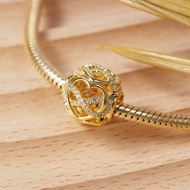 Infinite & Heart intertwined Hollow Charm Bead Sterling Silver 18K Gold Plated inlaid with Stones_2