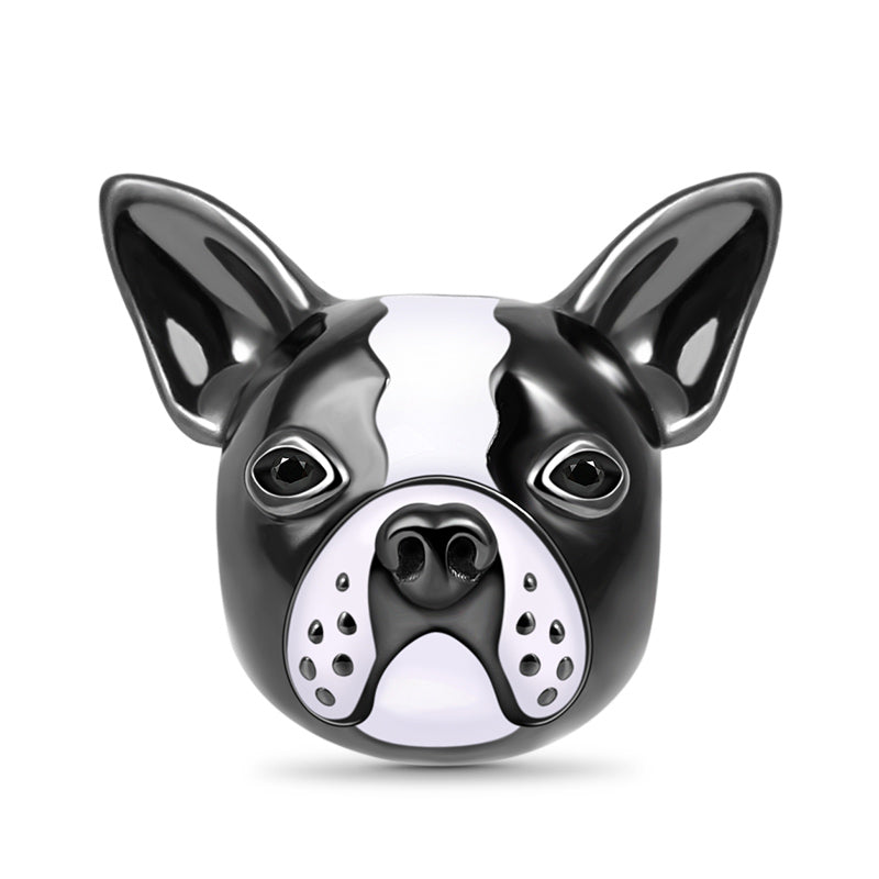 Bulldog Charm Sterling Silver Bead White and Black Enameled fit Bracelet_1