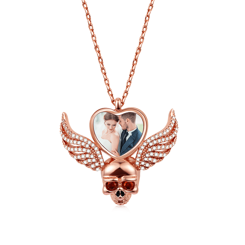 Wings Skull Heart Photo Necklace 925 Sterling Silver 18k Rose Gold Plated_1
