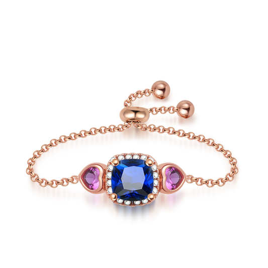 Blue Sapphire Cushion Cut Adjustable Ring Three Stone Stering Silver 18k Rose Gold Plated_1