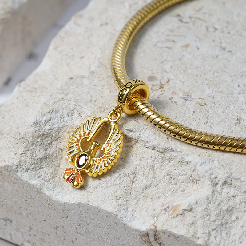 Golden Phoenix Pendant Dangle Charm Sterling Silver 18k Gold Plated inlaid with Oval Cut Ruby_2