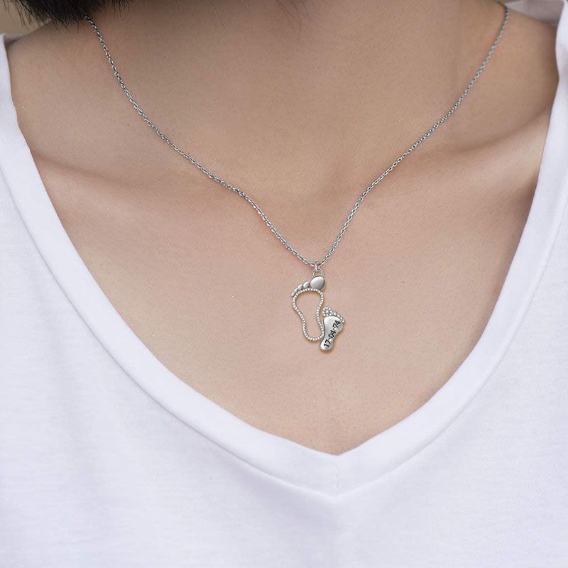Custom Date Mother Baby Feet Necklace Sterling silver inlaid with Birthstones Mother's Day Gift_5