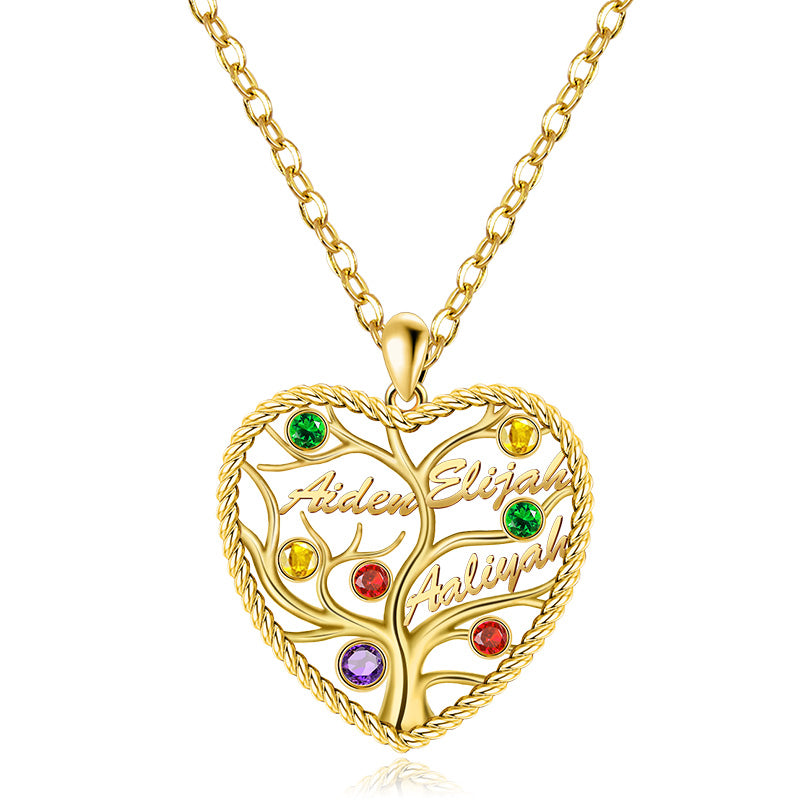 Custom Heart Tree of Life Three Names Necklace Sterling silver inlaid with Colorful Stone_2