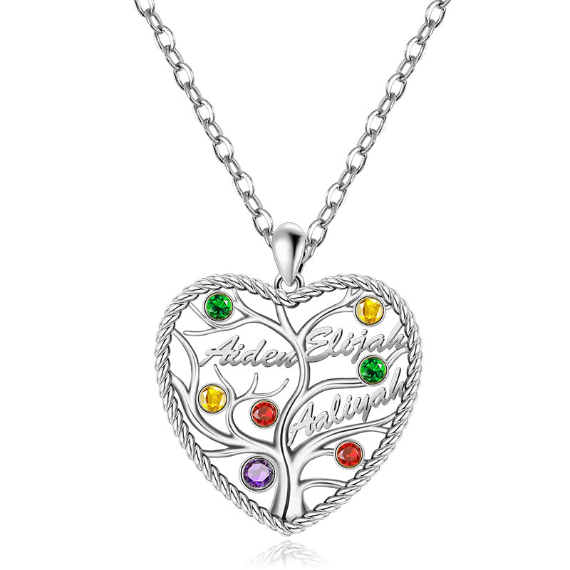 Custom Heart Tree of Life Three Names Necklace Sterling silver inlaid with Colorful Stone_1