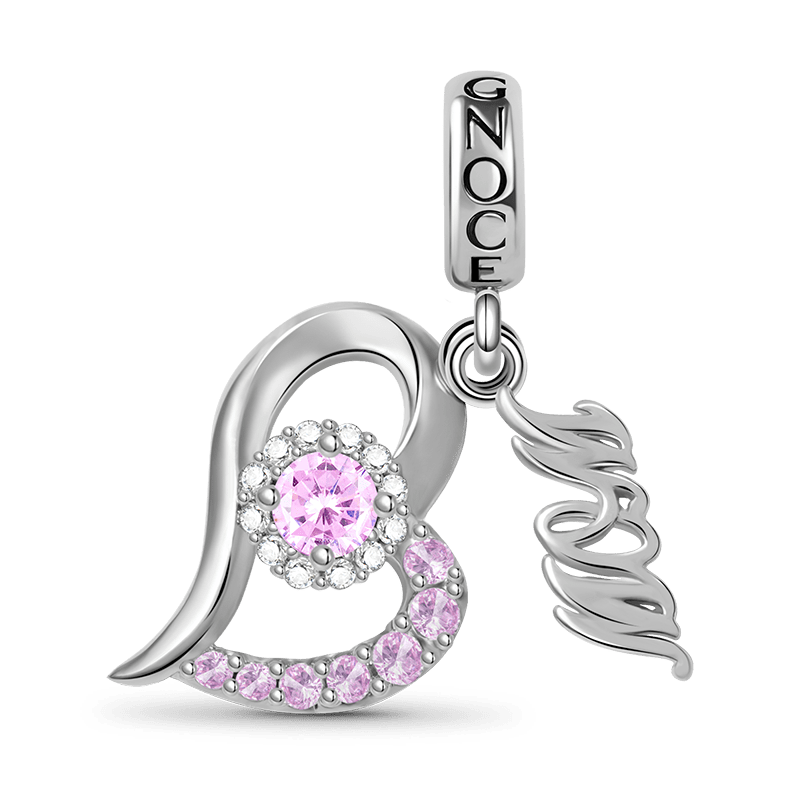 Mom Heart-shaped Pendant Dangle Charm Sterling Silver inlaid with Pink Stones_1