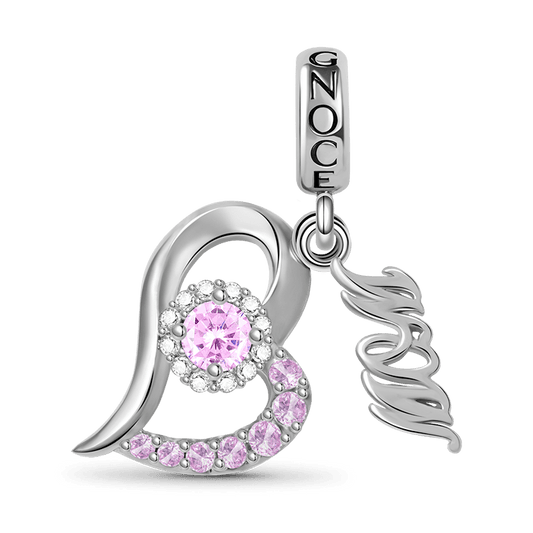Mom Heart-shaped Pendant Dangle Charm Sterling Silver inlaid with Pink Stones_1