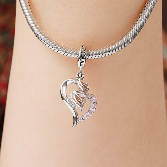 Mom Heart-shaped Pendant Dangle Charm Sterling Silver inlaid with Pink Stones_3