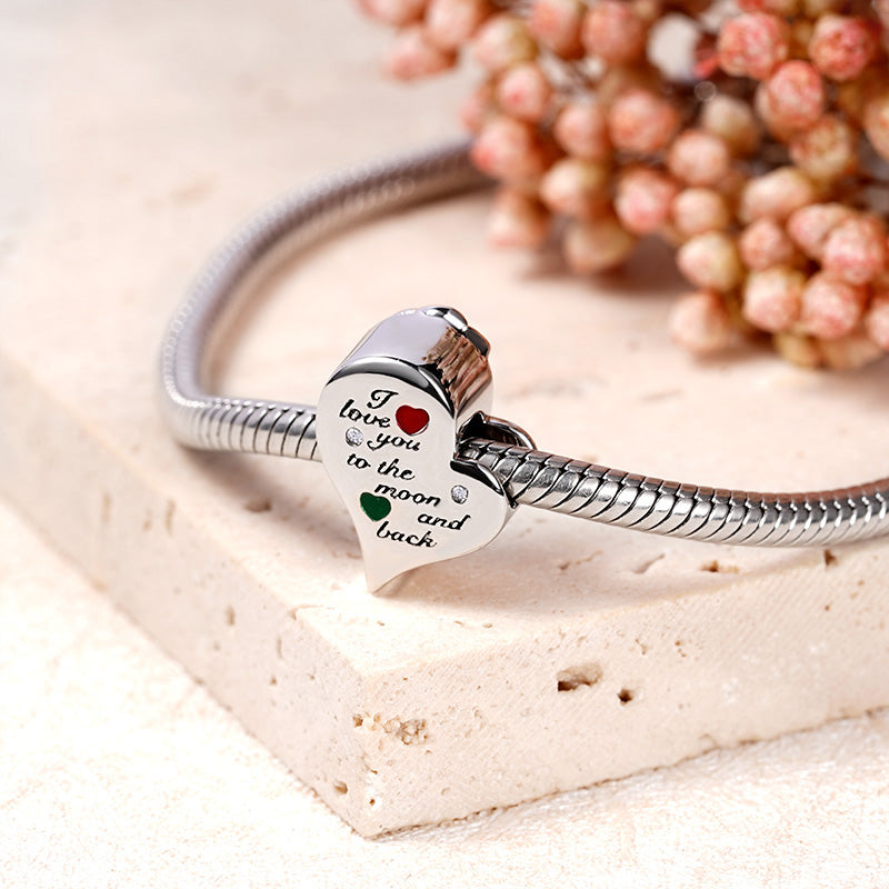 Carnation "I love you to the moon and back" Charm Bead 925 Sterling Silver inlaid with Ruby Mother's Day Gift_3