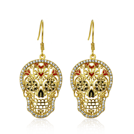 Skull Dangle Earrings 18k Gold Plated 925 Sterling Silver_1